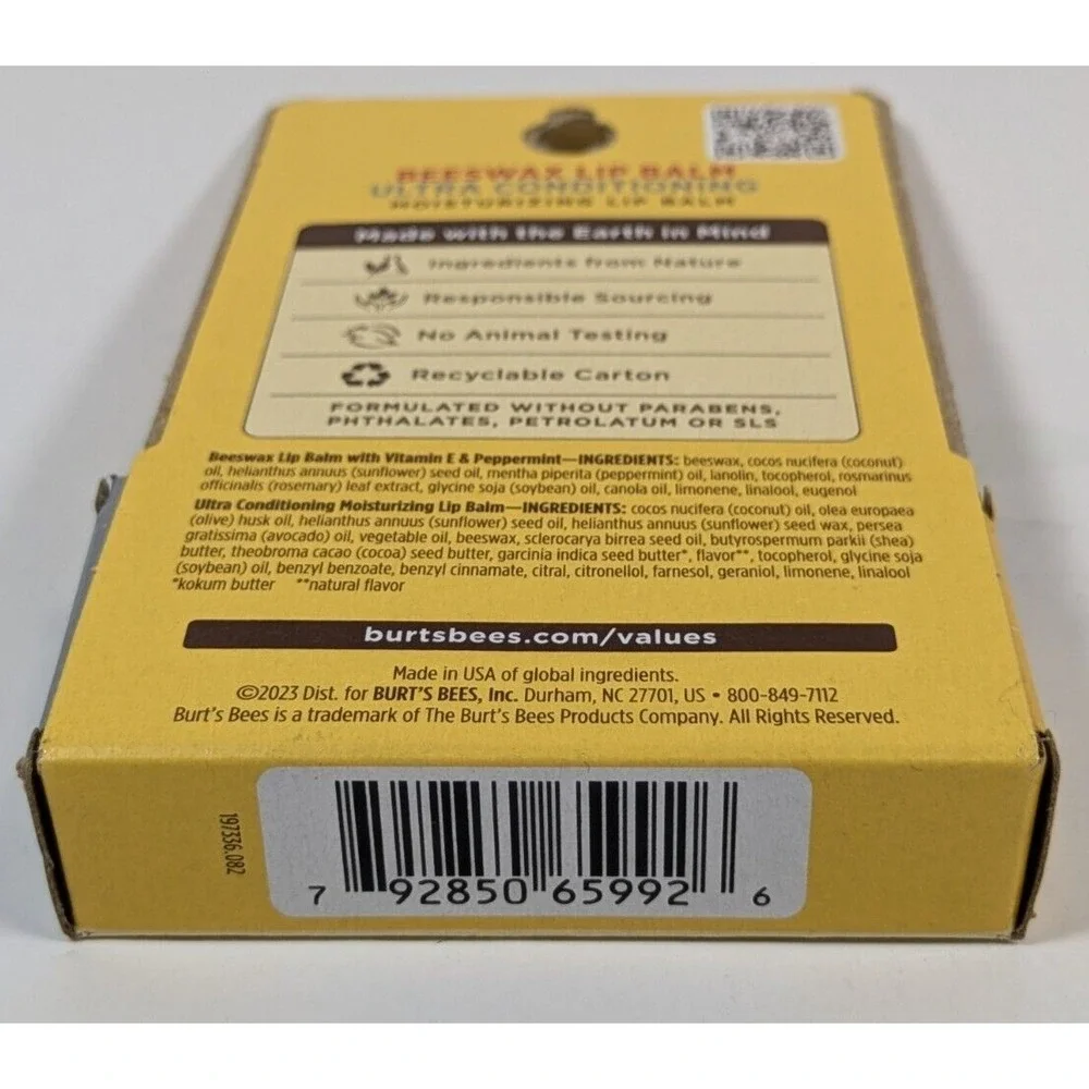 Burt's Bees Beewax & Ultra Conditioning Moisturizing Lip Balm 2 Pks of 2 Each